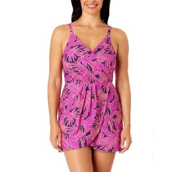 LANDS’ END Ladies’ Swim Dress Medium Purple Floral Built-in One Piece Swimsuit - Picture 1 of 16